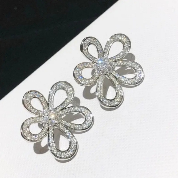 Silver plated white crystal flower earrings with silver post BOGO - Picture 7 of 9